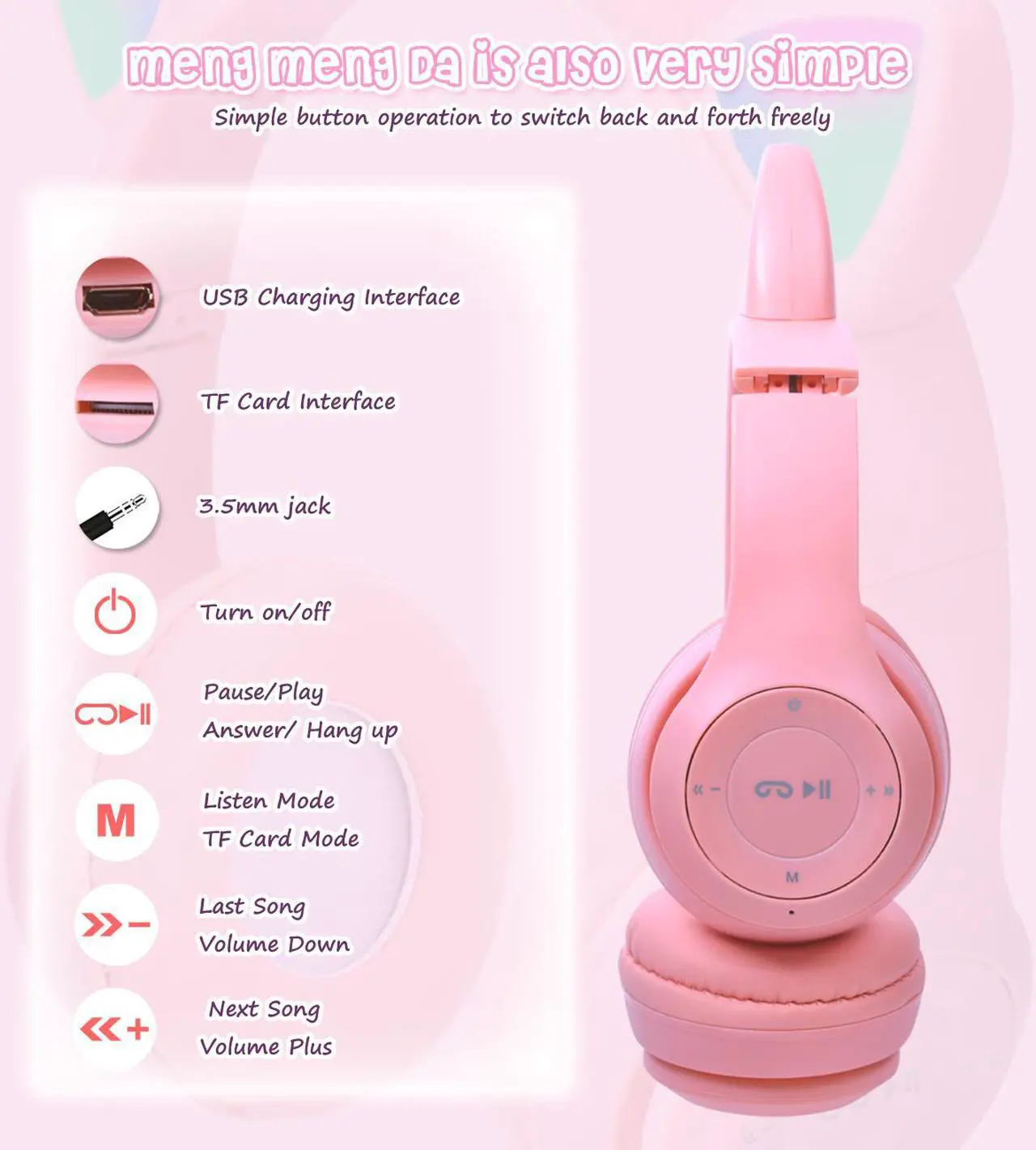 Alt view image 2 of 7 - Bluetooth Cat Ear Kids Headphones with Mic, Wireless/Wired Foldable Over-Ear Headset with Led Light UP & 85db Volume Limited for School, Online Learning, Boys, Girls, Children, Tablet, iPad & PC