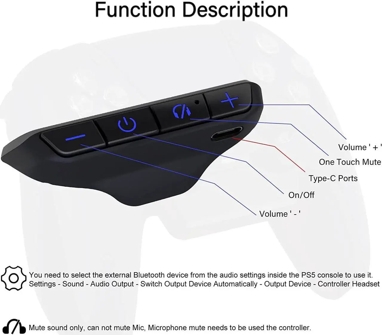 Alt view image 3 of 7 - Bluetooth Adapter for PS5 Controller, BT 5.1 Low Latency Wireless Audio Transmitter, One Key Mute, Volume Adjustment, No Driver Needed Game Accessories for PS5 AirPods Sony Bose Earbuds Speakers