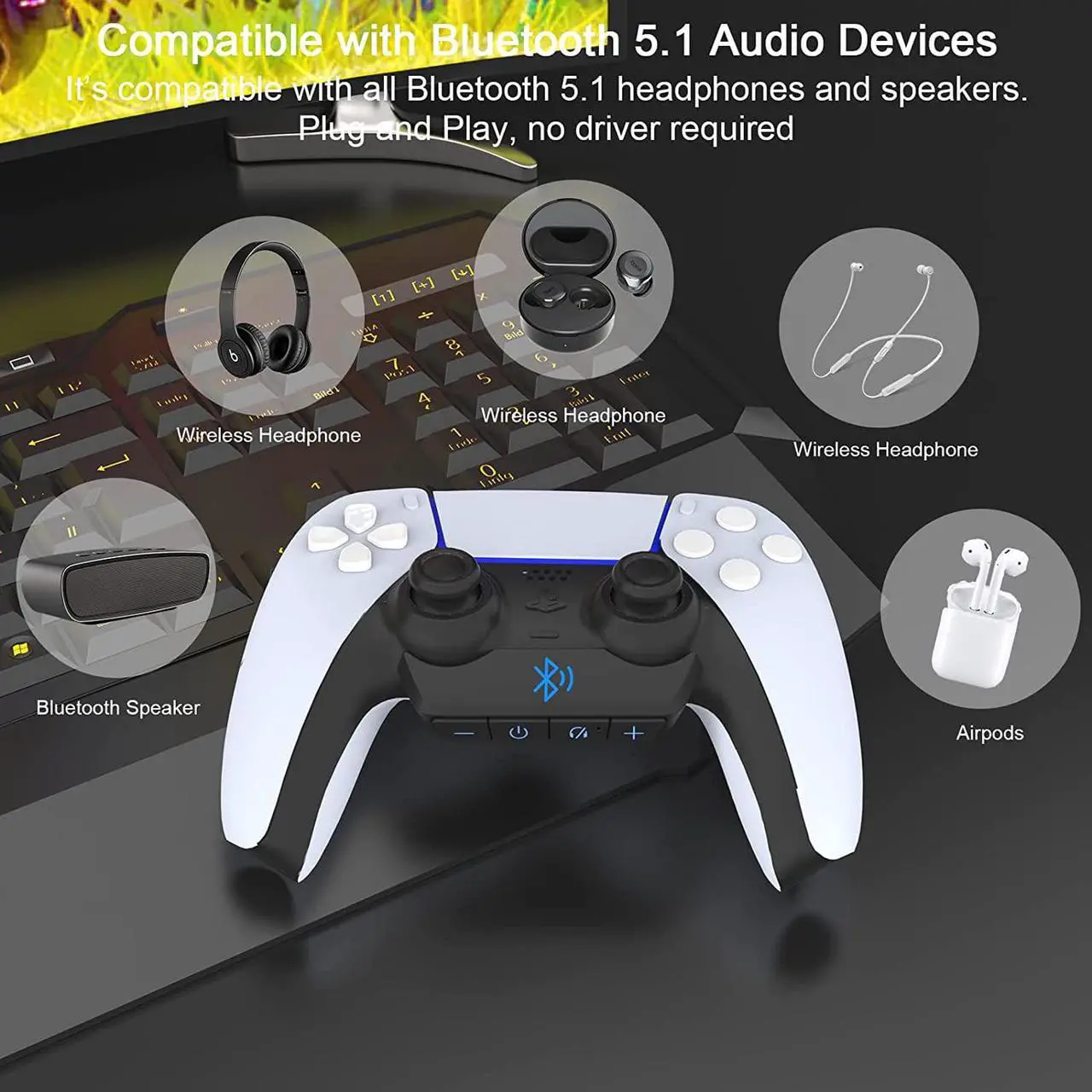 Alt view image 5 of 7 - Bluetooth Adapter for PS5 Controller, BT 5.1 Low Latency Wireless Audio Transmitter, One Key Mute, Volume Adjustment, No Driver Needed Game Accessories for PS5 AirPods Sony Bose Earbuds Speakers