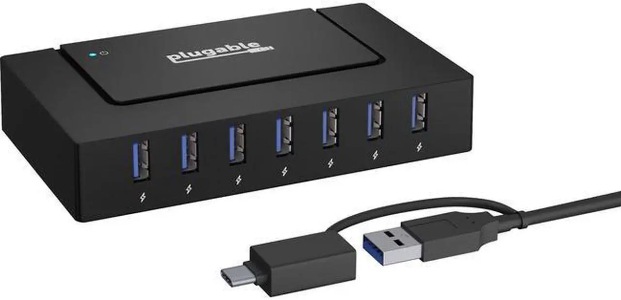 Alt view image 10 of 17 - Plugable 7-in-1 USB Powered Hub for Laptops with USB-C or USB 3.0 - USB Power Station for Multiple Devices and USB Data Transfer with a 60W Power Adapter, Driverless
