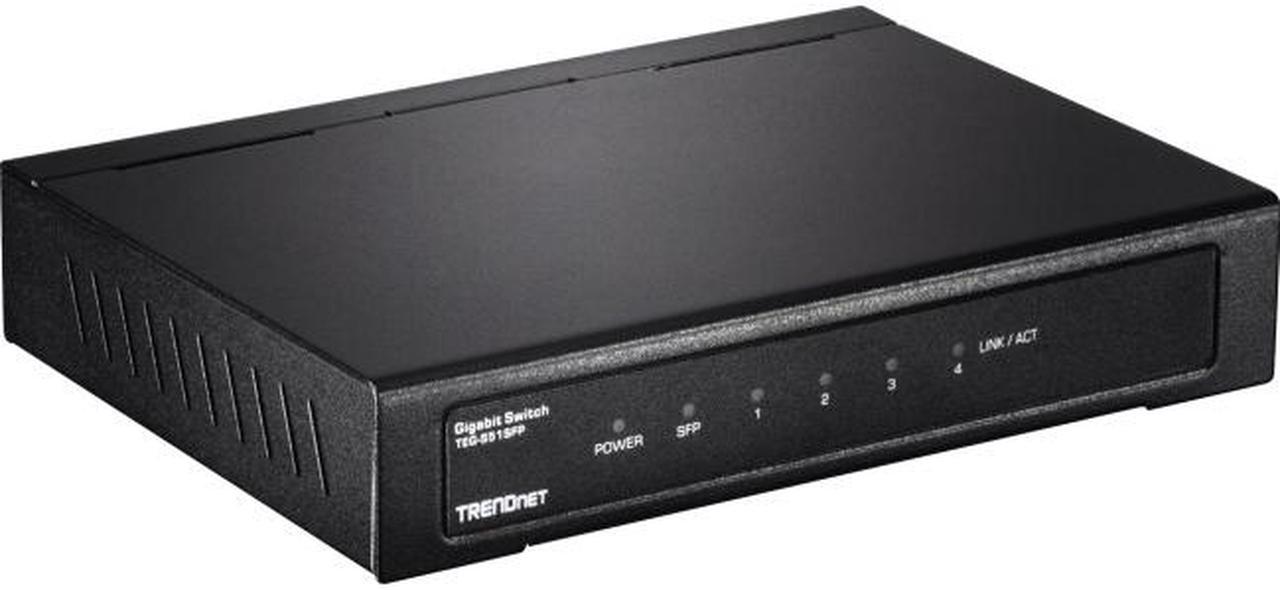 TRENDnet 4-Port Gigabit Switch With SFP Slot, 10 Gbps Switching Capacity, Fanless, 802.1p QoS, Rear Facing Ports, Metal Housing, Network Ethernet Switch, Lifetime Protection, Black, TEG-S51SFP