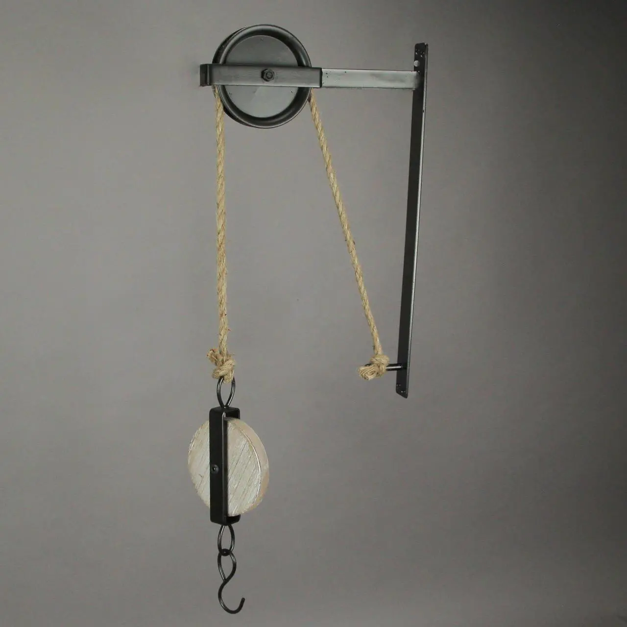 Alt view image 4 of 5 - Rustic Vintage Charm - Matte Brown Metal and Wood Pulley & Hook Wall-Mounted Plant Hanger - 30 Inches High - Antique-Inspired Decor for Western Ambiance