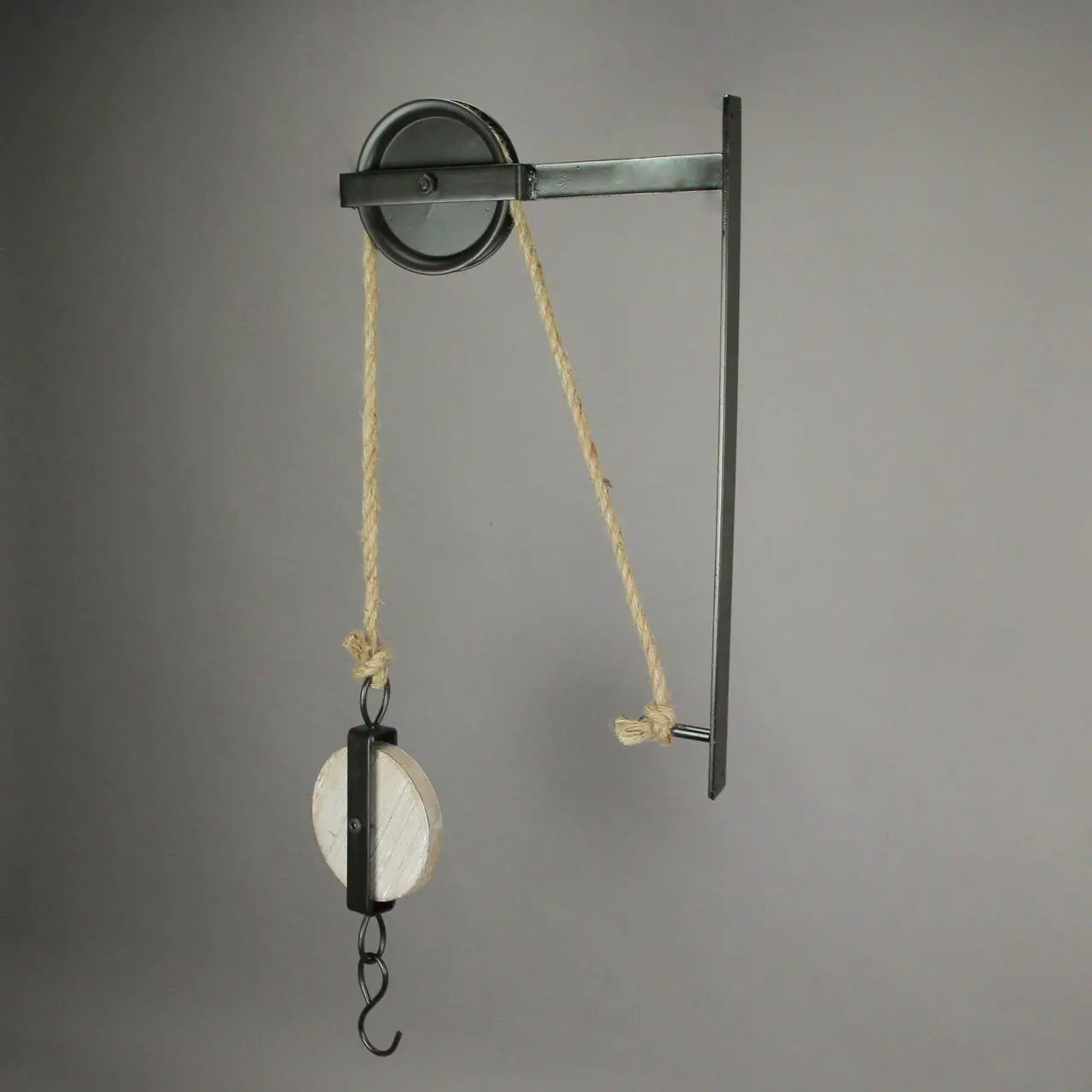Alt view image 5 of 5 - Rustic Vintage Charm - Matte Brown Metal and Wood Pulley & Hook Wall-Mounted Plant Hanger - 30 Inches High - Antique-Inspired Decor for Western Ambiance
