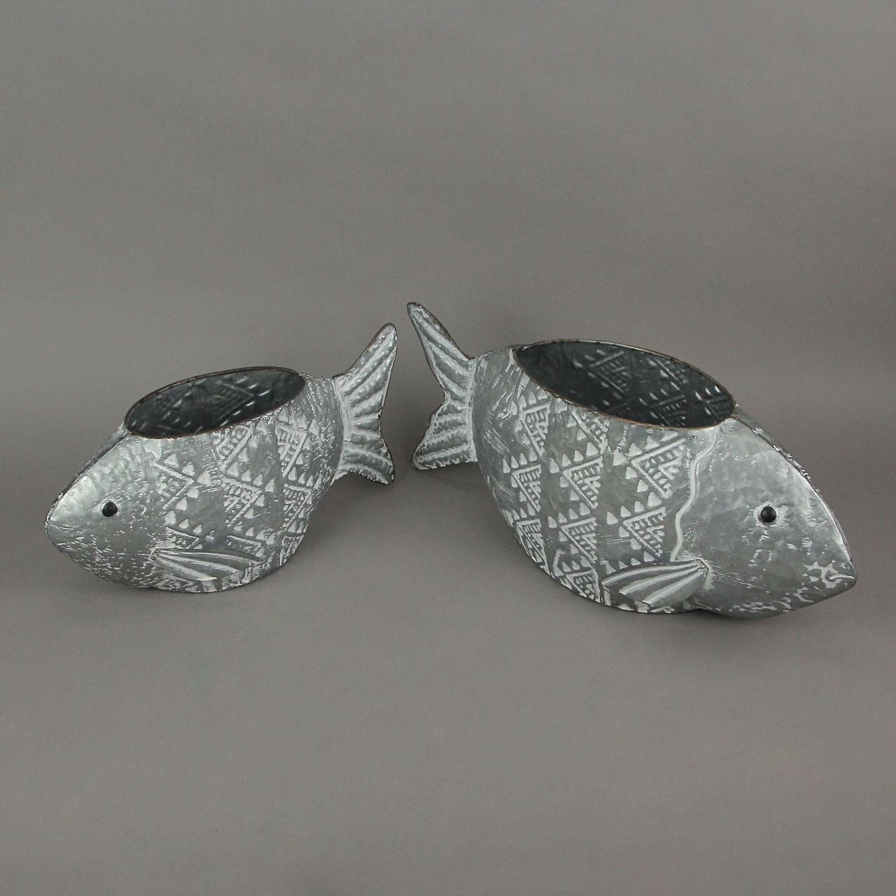 Alt view image 2 of 3 - Galvanized Metal Fish Planter Home Garden Plant Decorative Flower Pot Set of 2