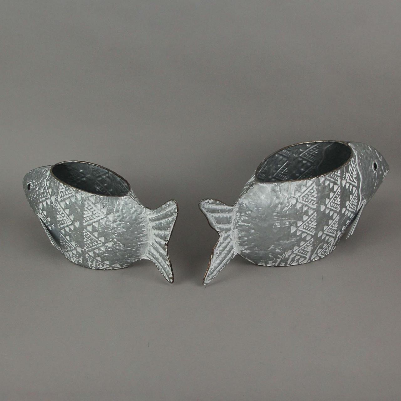 Alt view image 3 of 3 - Galvanized Metal Fish Planter Home Garden Plant Decorative Flower Pot Set of 2
