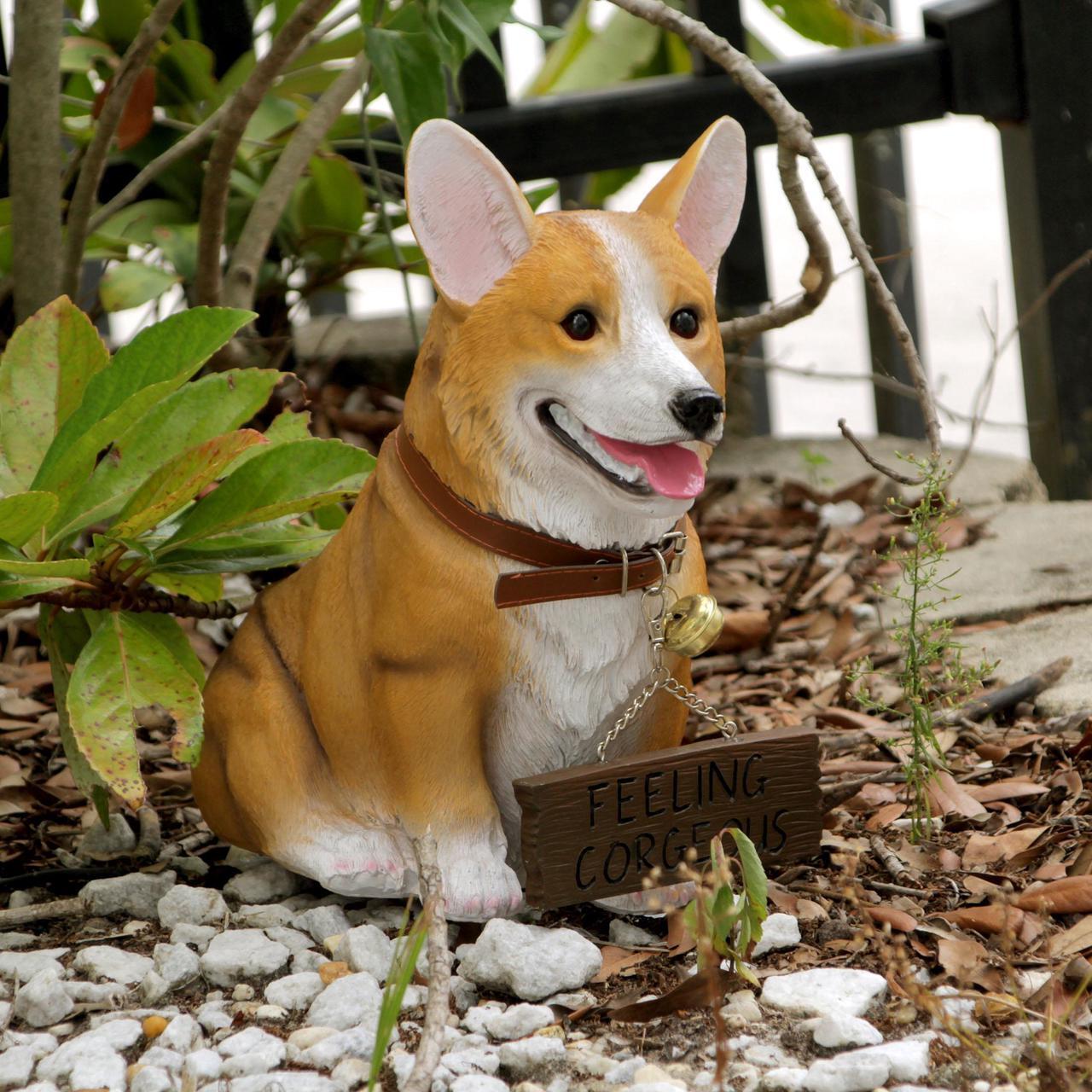 Alt view image 4 of 7 - Charming 11.5 Inch Realistic Welsh Corgi Dog Statue with Reversible Sign Perfect for Indoor and Outdoor Pet Decor - Ideal for Home, Garden, Porch, and Patio Accent