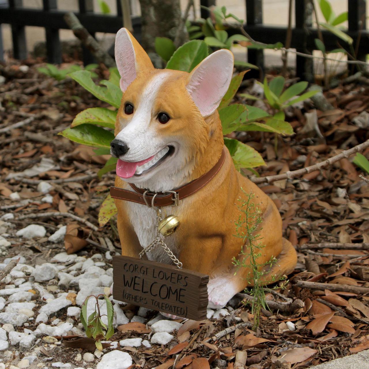 Alt view image 5 of 7 - Charming 11.5 Inch Realistic Welsh Corgi Dog Statue with Reversible Sign Perfect for Indoor and Outdoor Pet Decor - Ideal for Home, Garden, Porch, and Patio Accent