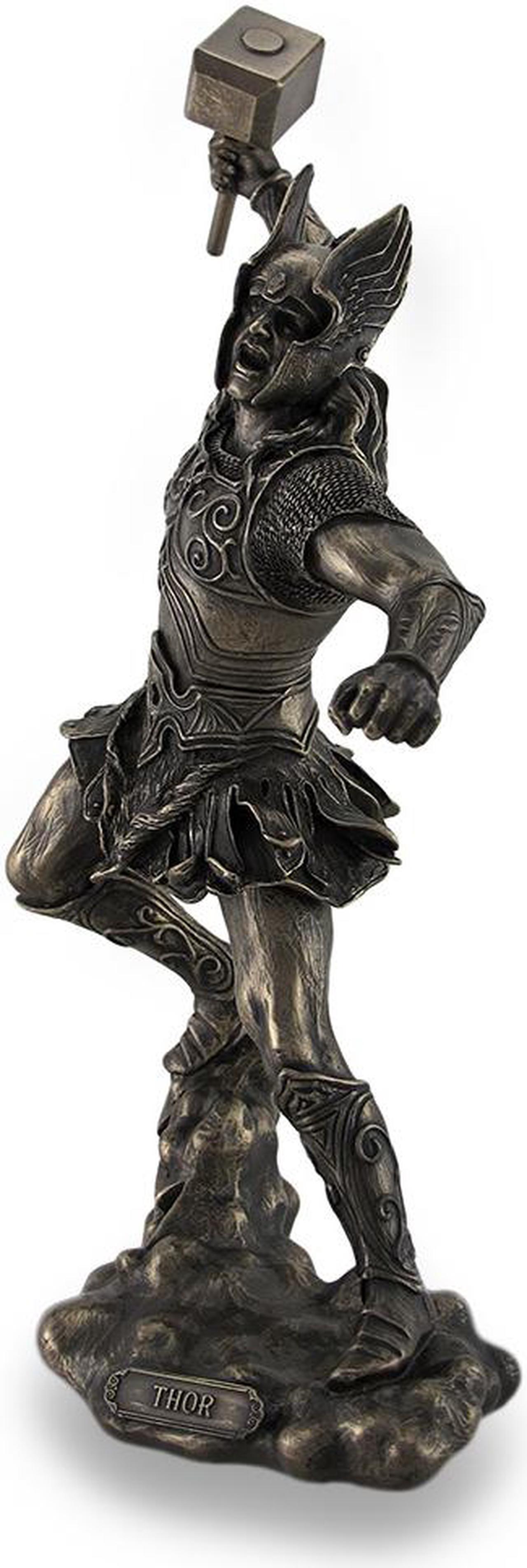 Alt view image 3 of 3 - Thor, Norse God of Thunder, Wielding Hammer Sculptured Bronzed Statue