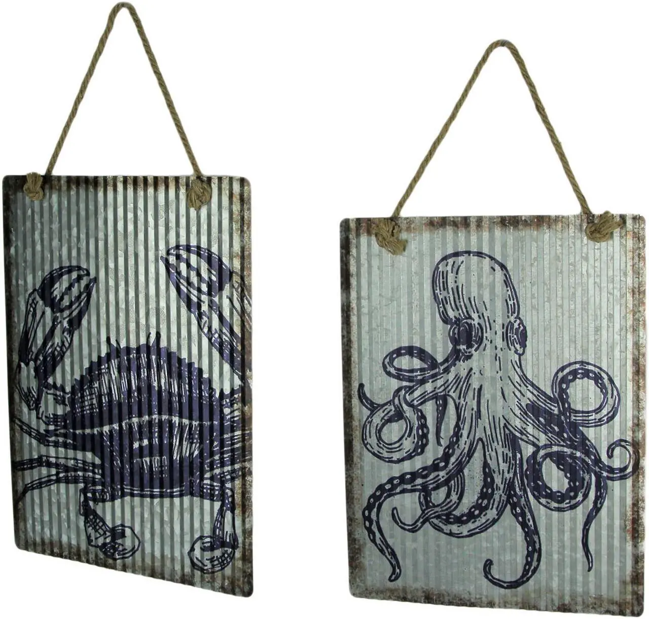 Main image of Ribbed Texture Galvanized Metal Octopus and Crab Art Wall Hanging Set