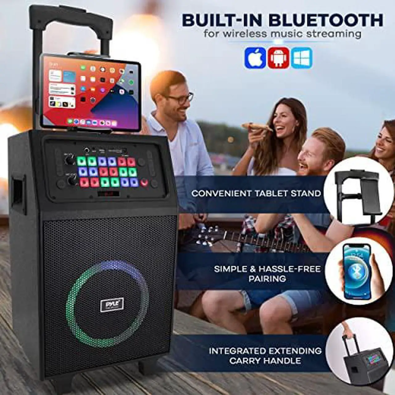 Alt view image 5 of 7 - Portable Karaoke PA Speaker System - 600W 8 Rechargeable BT Speaker, TWS, Party Lights, LED Display, FM/AUX/MP3/USB/SD, Wheels - Wireless Mic, Remote Control, Tablet Holder Included - Pyle PHP18DJT