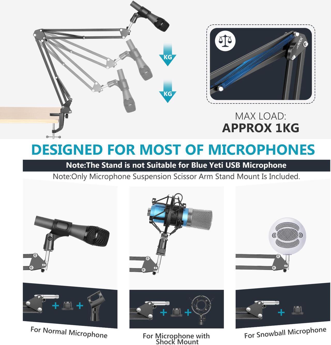 Alt view image 4 of 7 - NEEWER Adjustable Microphone Suspension Boom Scissor Arm Stand, Max Load 1 KG Compact Mic Stand for Radio Broadcasting, Voice-Over, Stage and TV Stations, Compatible with Blue Yeti Snowball Yeti X,etc