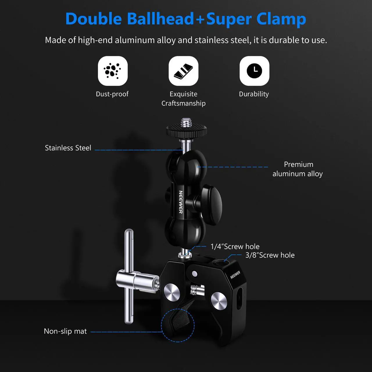 Alt view image 5 of 7 - Neewer Super Clamp with Double Ball Head Mount, Multi-Function Double Ballhead with Bottom Clamp for LCD Field Monitor, Flash, Microphone, LED Light, Light Stand, Load up to 3.3lb/1.5kg — ST10