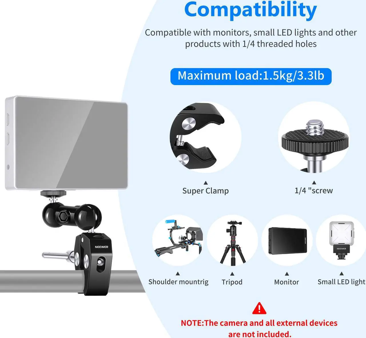 Alt view image 3 of 7 - Neewer Super Clamp with Double Ball Head Mount, Multi-Function Double Ballhead with Bottom Clamp for LCD Field Monitor, Flash, Microphone, LED Light, Light Stand, Load up to 3.3lb/1.5kg — ST10