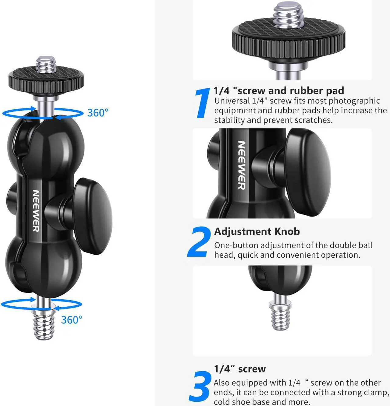 Alt view image 2 of 7 - Neewer Super Clamp with Double Ball Head Mount, Multi-Function Double Ballhead with Bottom Clamp for LCD Field Monitor, Flash, Microphone, LED Light, Light Stand, Load up to 3.3lb/1.5kg — ST10