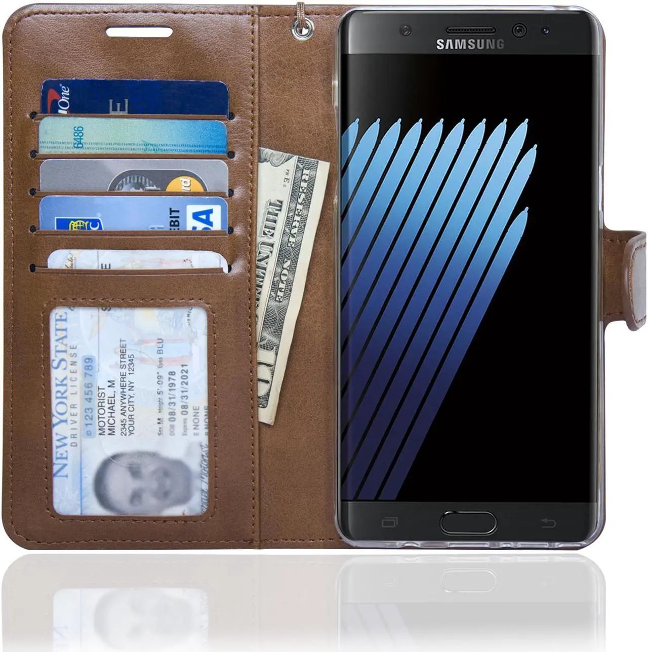 Main image of Samsung Note 7 Folio-3 Thin Layer Wallet Case with Ear speaker hole, 5 Cards pocket and handstrap - Navor (Brown)