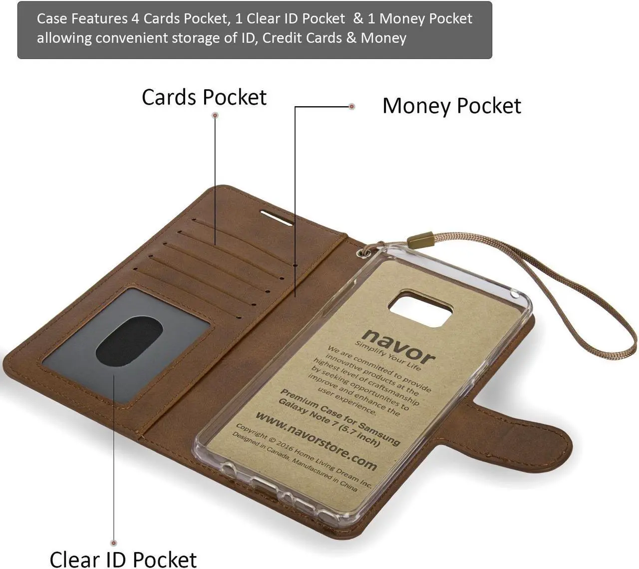 Alt view image 4 of 4 - Samsung Note 7 Folio-3 Thin Layer Wallet Case with Ear speaker hole, 5 Cards pocket and handstrap - Navor (Brown)
