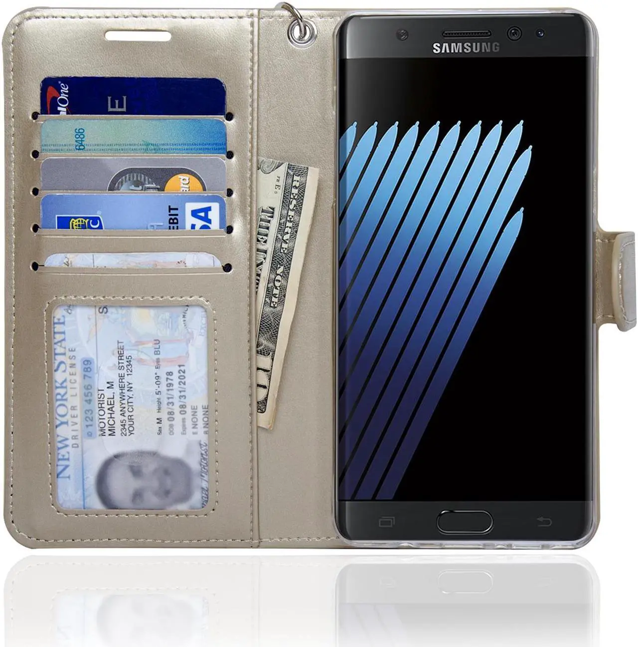 Main image of Samsung Note 7 Folio-3 Thin Layer Wallet Case with Ear speaker hole, 5 Cards pocket and handstrap - Navor (Gold)