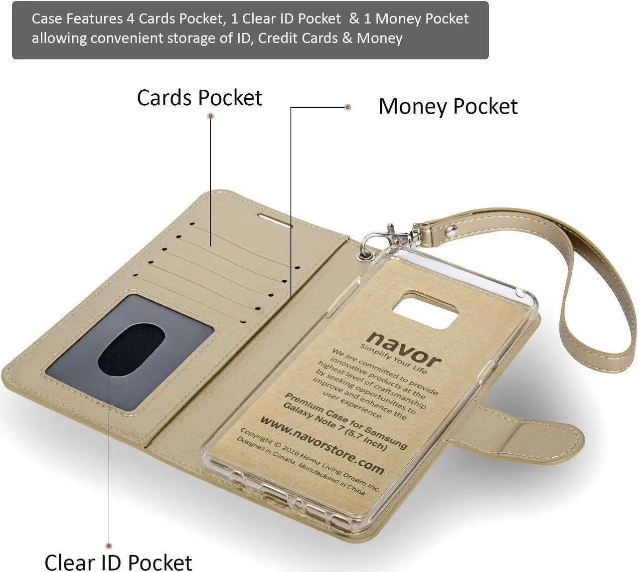 Alt view image 4 of 4 - Samsung Note 7 Folio-3 Thin Layer Wallet Case with Ear speaker hole, 5 Cards pocket and handstrap - Navor (Gold)