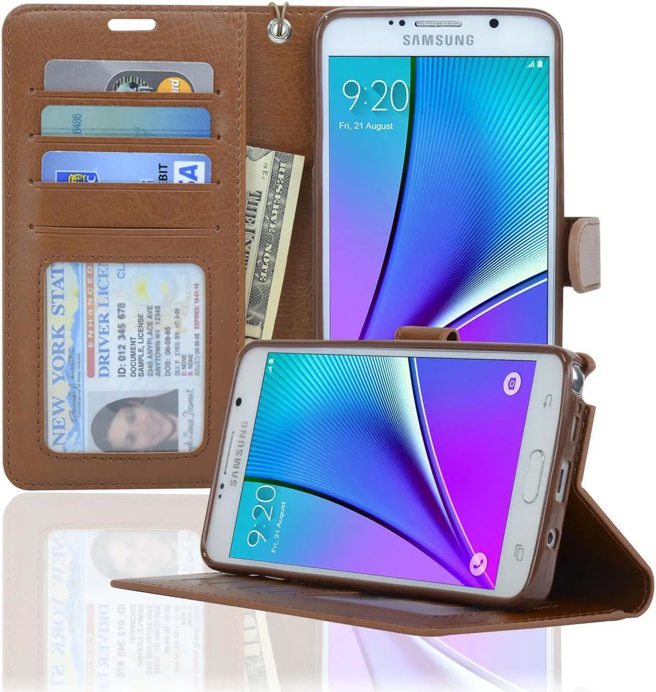 Main image of Samsung Galaxy Note 5 Case NAVOR®  Wallet Case Card Slots, Money Pocket - Brown