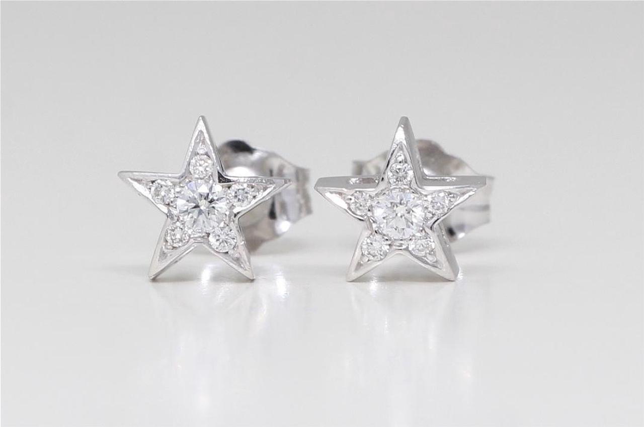 14k White Gold Round Diamond Multi-Stone Prong Set Pentagram Star Stud Earrings (0.08 Ct F Color SI1 Clarity)