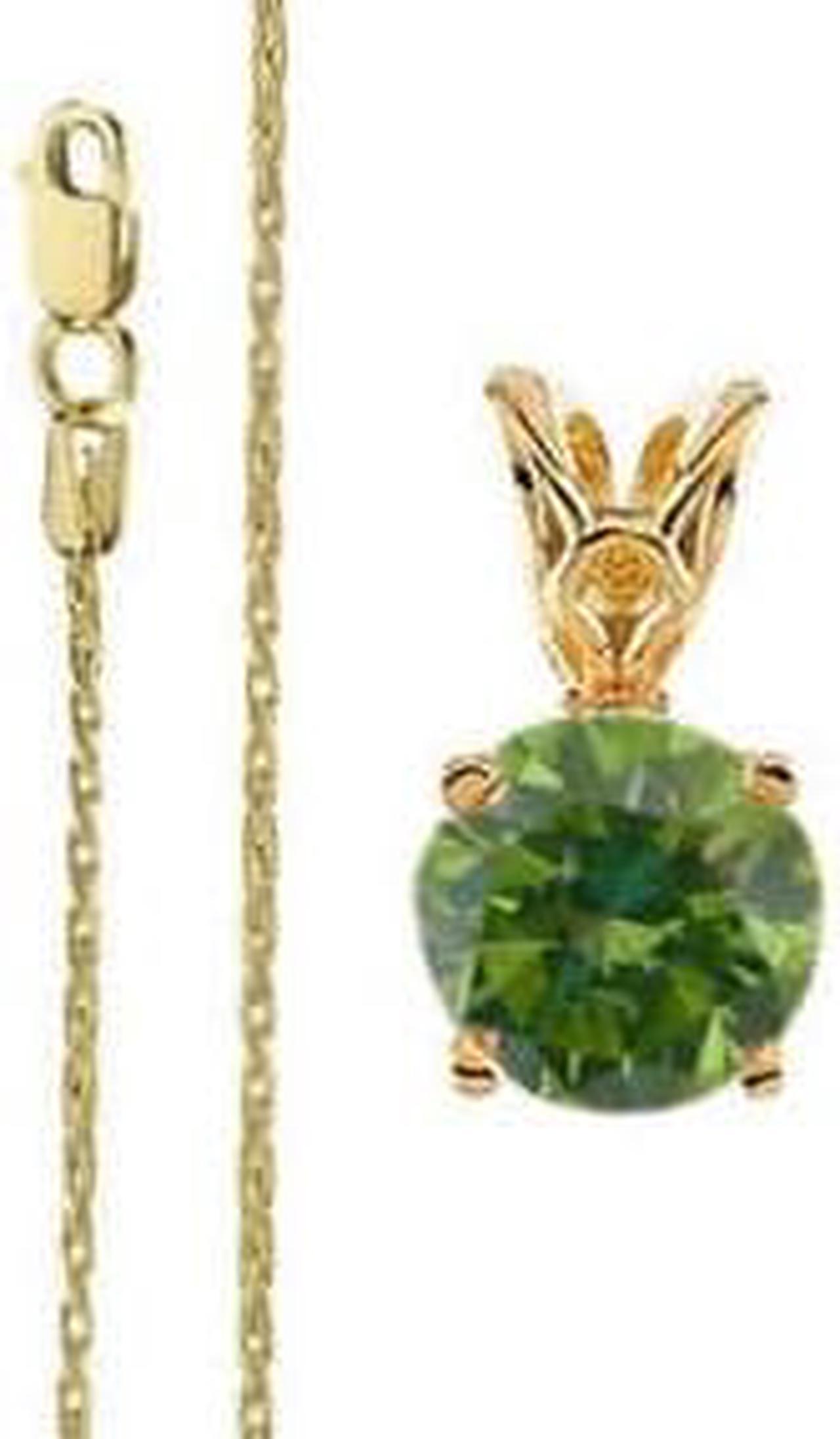 Round Diamond Solitaire Pendant Necklace 14k Yellow Gold (1.05 Ct, Olive Green(Color Irradiated) Color, si3 Clarity)