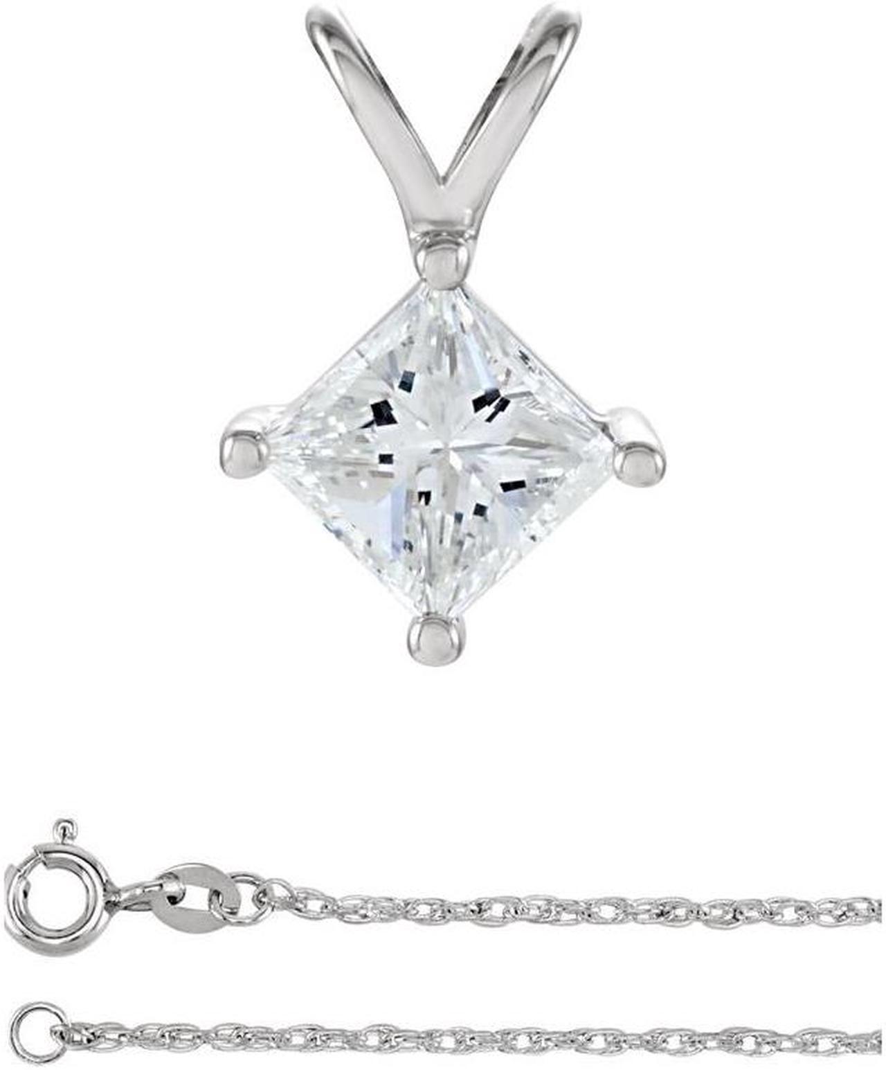 Princess Diamond Solitaire Pendant Necklace 14K White Gold (0.59 Ct, G Color, VS1 Clarity) GIA Certified