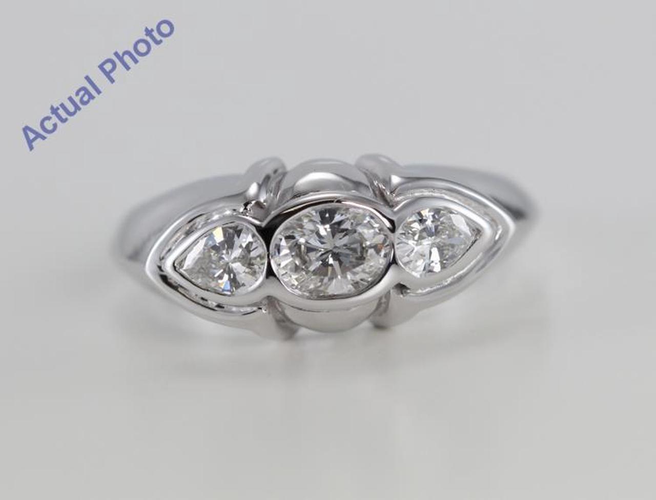 18k White Gold Three Stone Oval & Pear Cut Diamond Engagement Ring (0.74 Ct, G Color, VS Clarity)