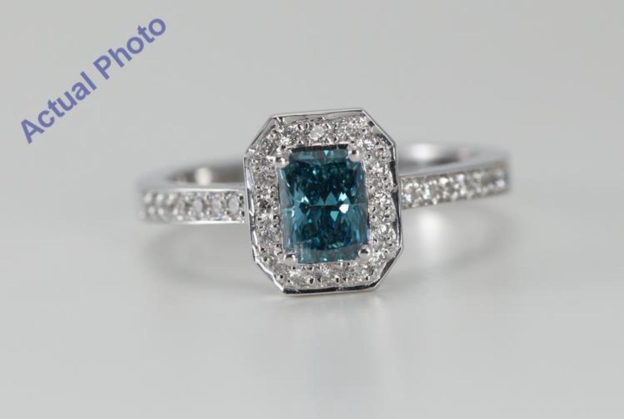 18k White Gold Radiant & Round Cut Diamond Engagement Ring (1.01 Ct, Blue (Color Irradiated) & White Diamonds, VS Clarity)