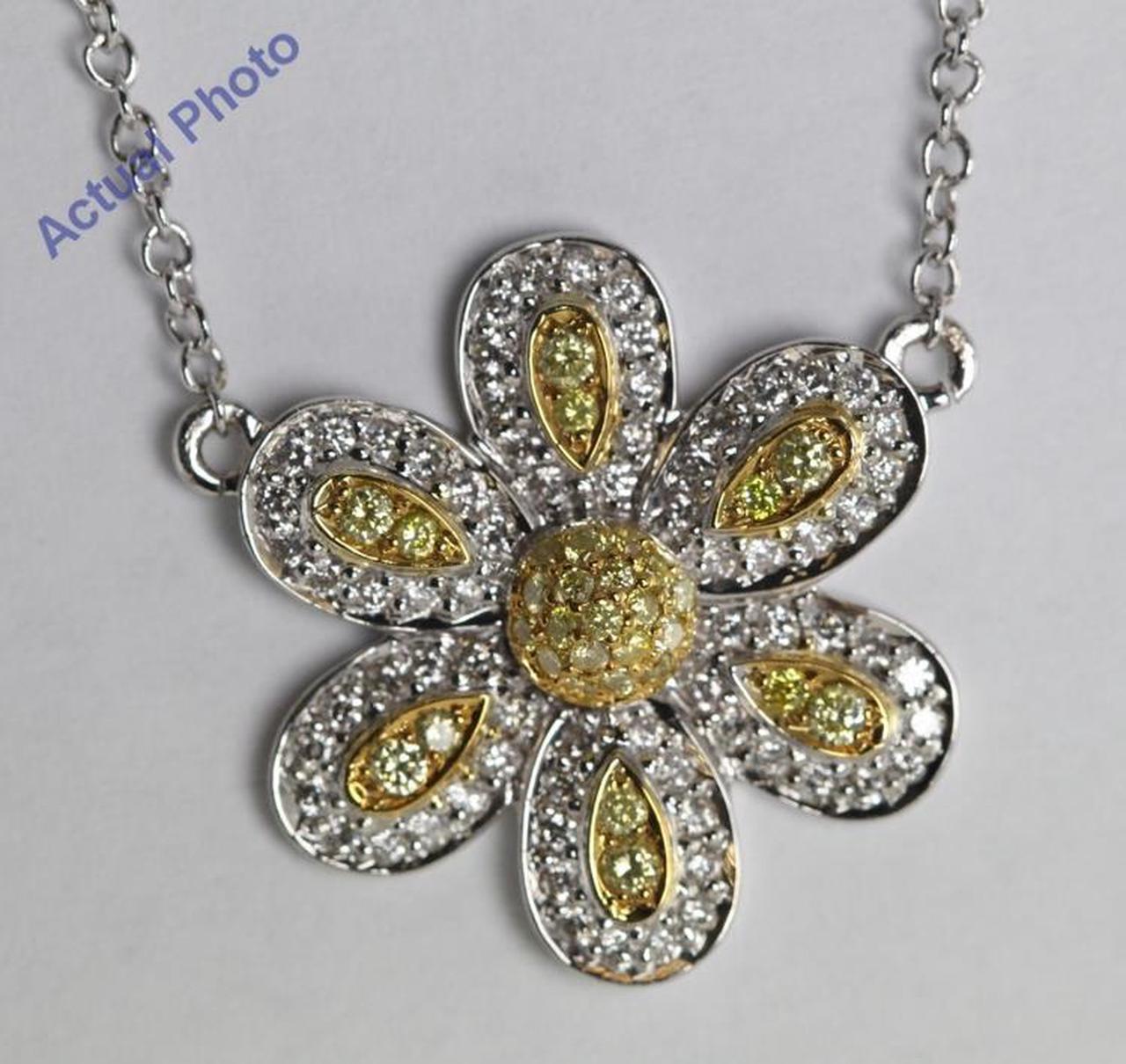 18k White Gold Round Cut Diamond Pave Setting Flower Pendant (0.5 Ct, Natural Fancy Yellow & White Diamonds, SI2 Clarity)