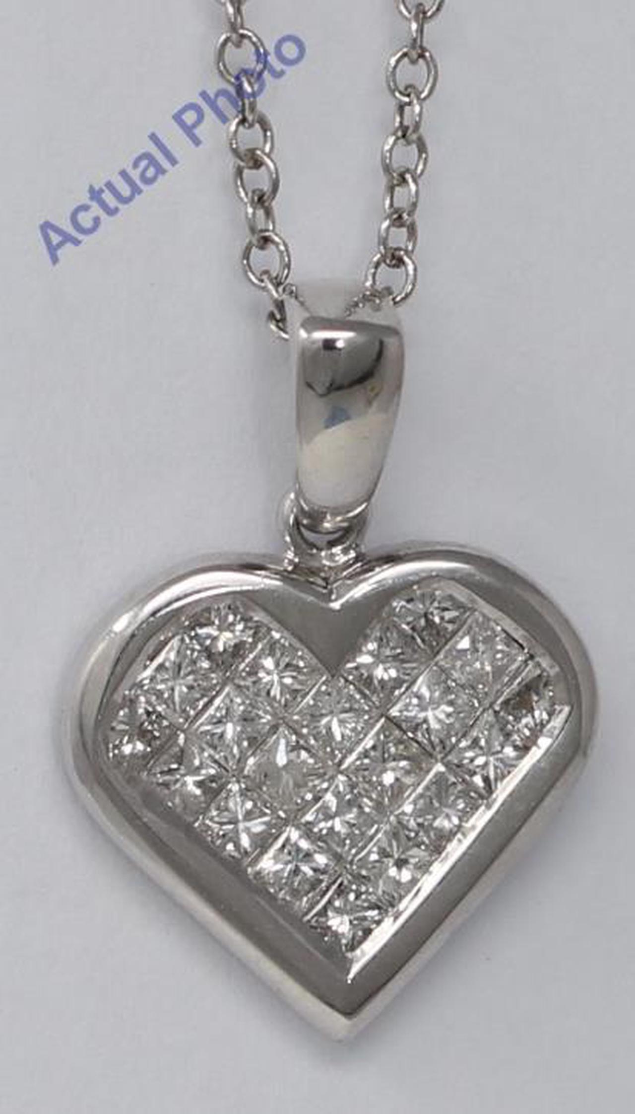 18k White Gold Princess Invisible Setting heart elegant motif modern classic diamond pendant (0.95 Ct, H, VS)