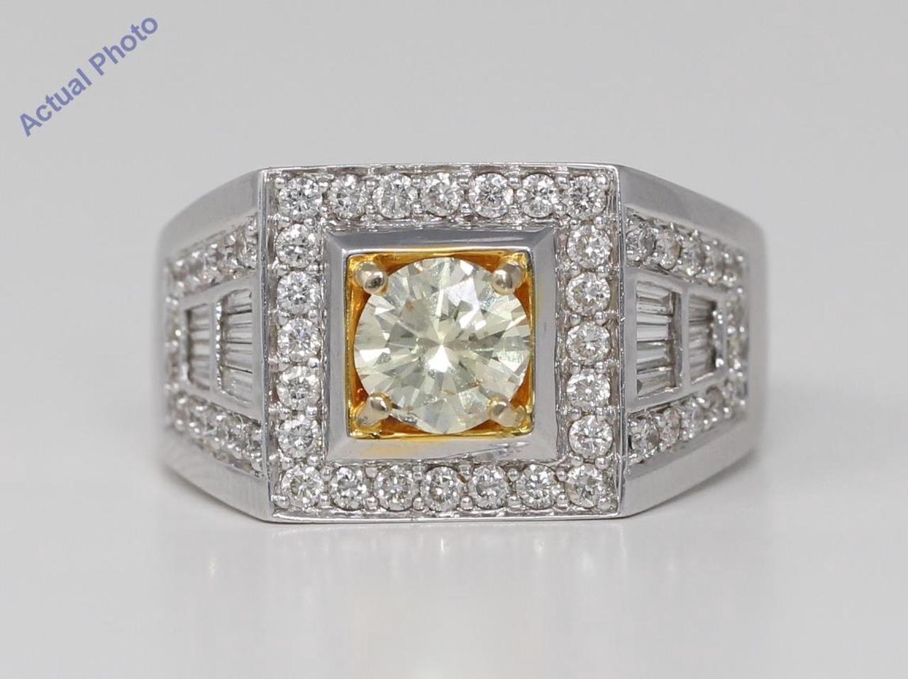 18k White Gold Round Cut Classic dress signet cocktail diamond ring (2 Ct, Yellow Color, SI Clarity)