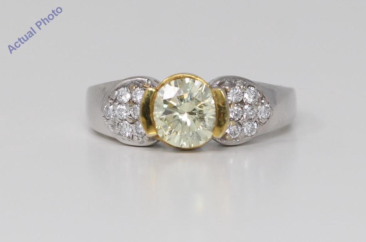 18k White Gold Round Bezel Classic dress pavee set shoulders yellow Ring(1.44 ct, Natral Light Yellow, SI)