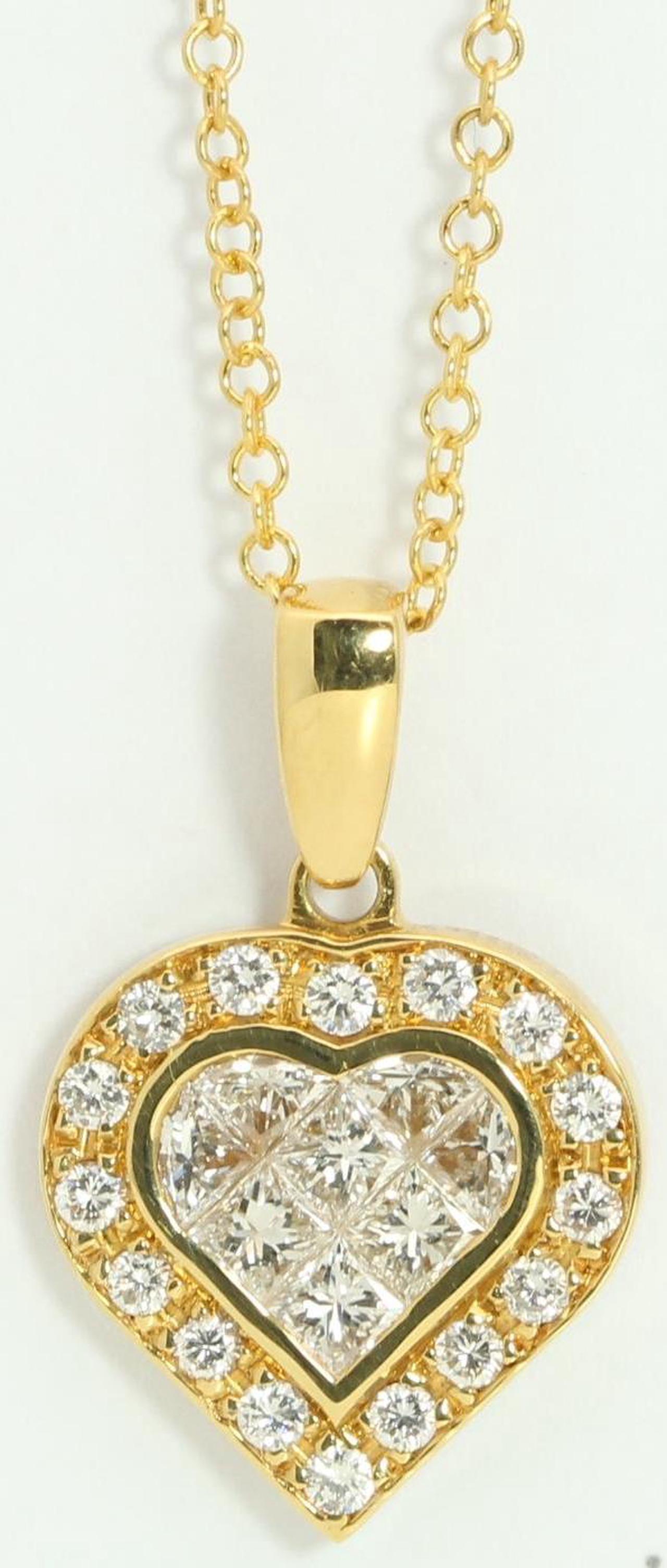 18k Yellow Gold Princess & Round heart elegant modern classic dress diamond pendant(1.05 ct, H, VS)