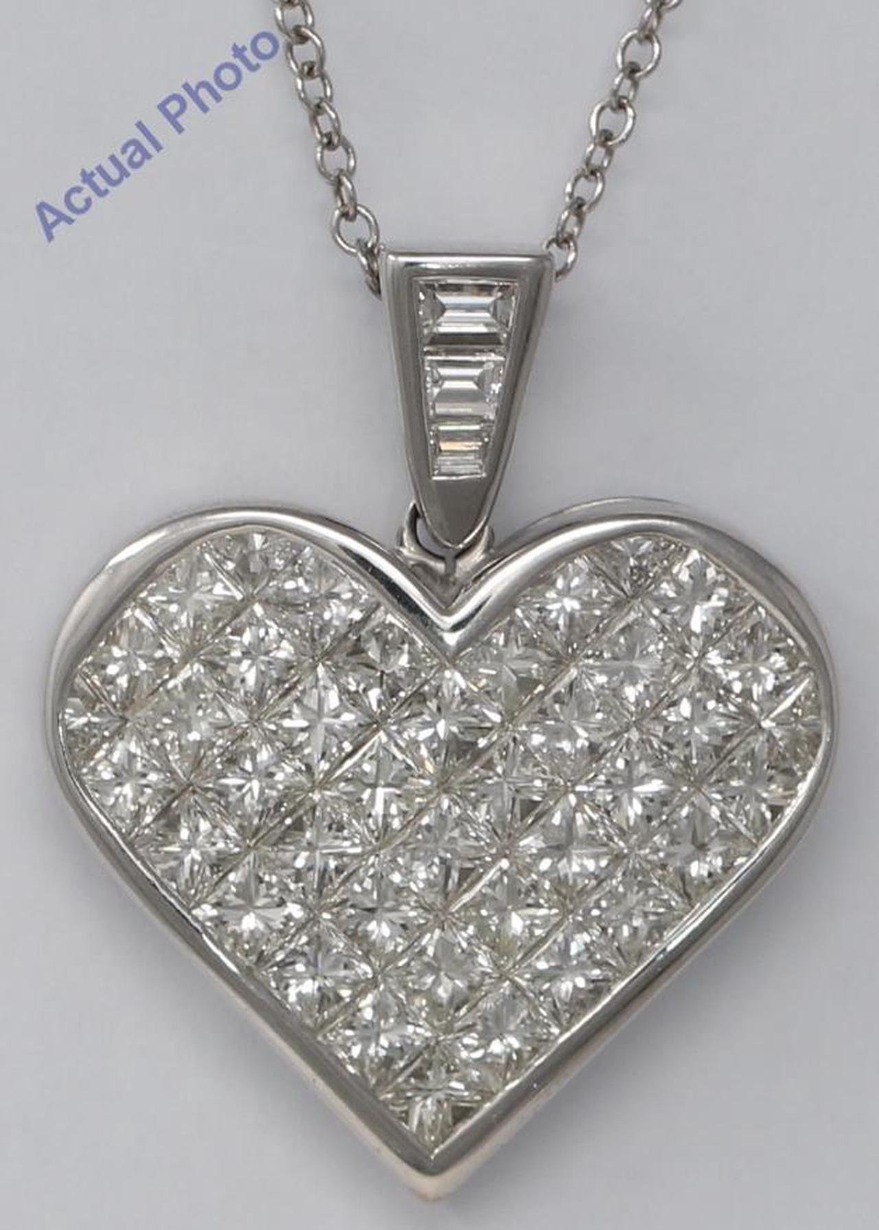 18k White Gold Princess & Baguette Invisibly Set heart elegant modern classic diamond pendant(5.4 ct, H, VS)