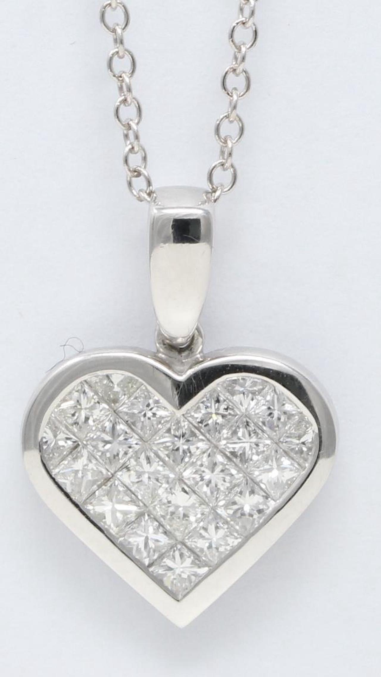 18k White Gold Princess Invisible Setting heart stylish modern classic diamond pendant (1.1 Ct, H , SI1 )