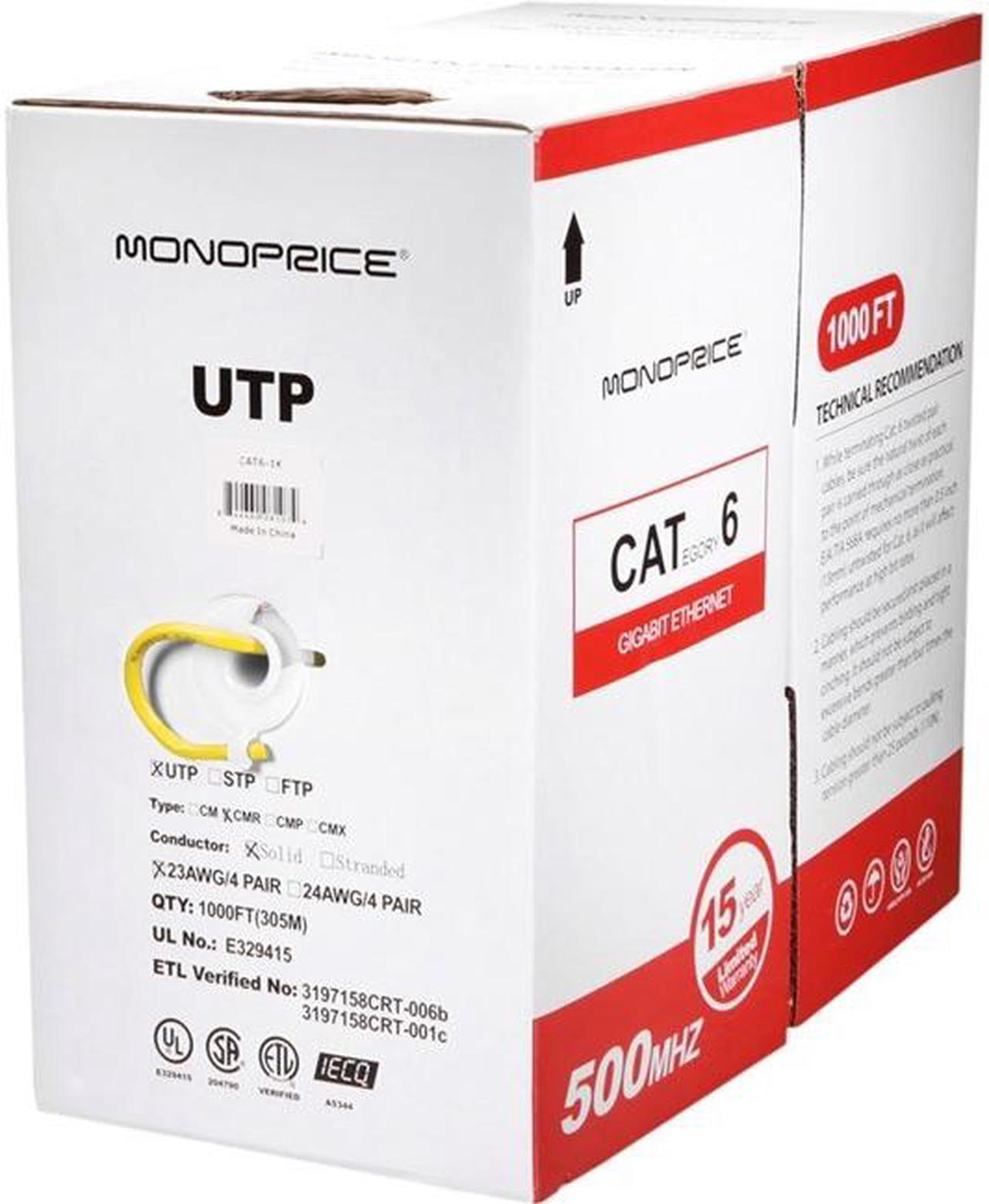 Monoprice Cat6 Ethernet Bulk Cable - Network Internet Cord - Solid, 500Mhz, UTP, CMR, Riser Rated,  Pure Bare Copper Wire, 23AWG, 1000ft, Yellow