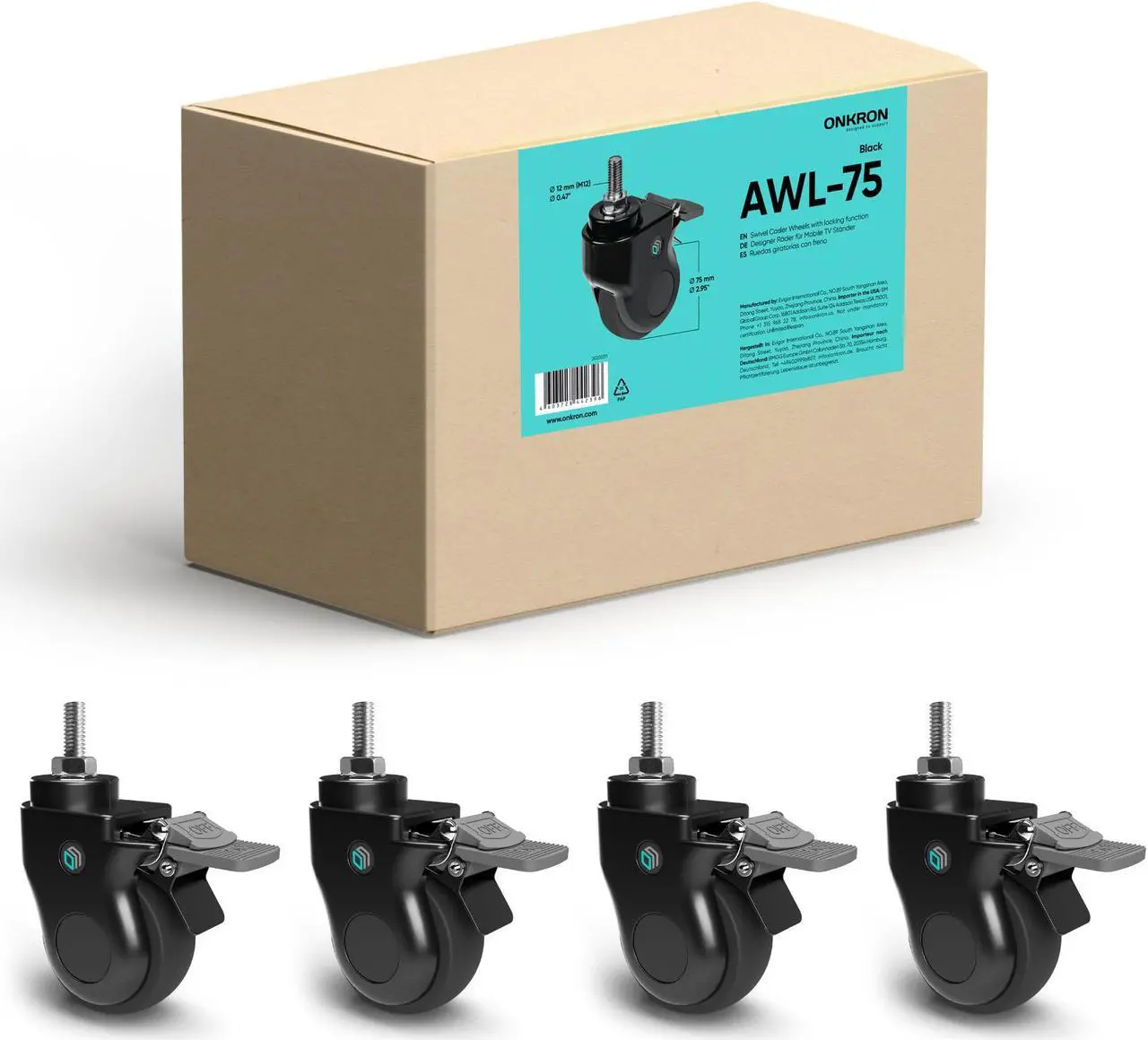 Alt view image 7 of 7 - ONKRON Designer Caster Wheels 3 Inch for Mobile TV Cart TV Stand Heavy Duty Smooth Running with Double Safety Lock Plastic Casing - Set of 4 AWL75 Black