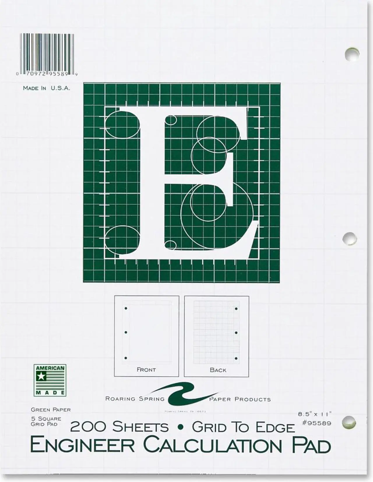 Alt view image 3 of 8 - Roaring Spring 95589 Engineering Pad 200 Sheets Letter 8.50" x 11" - 1Each - Green Paper