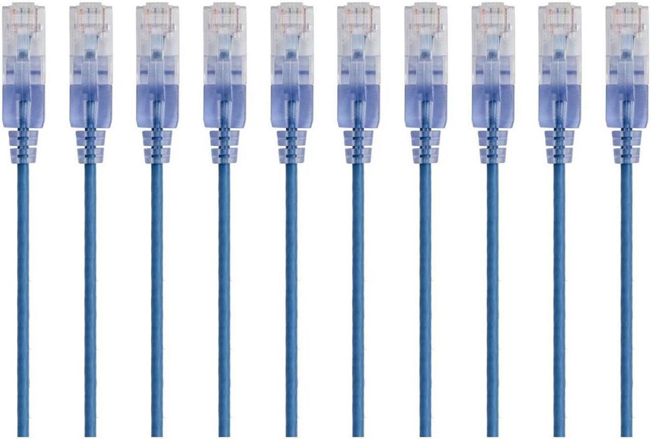 Monoprice SlimRun Cat6A Ethernet Patch Cable - Network Internet Cord - RJ45, 550Mhz, UTP, Pure Bare Copper Wire, 10G, 30AWG, 1ft, Blue, 10-Pack