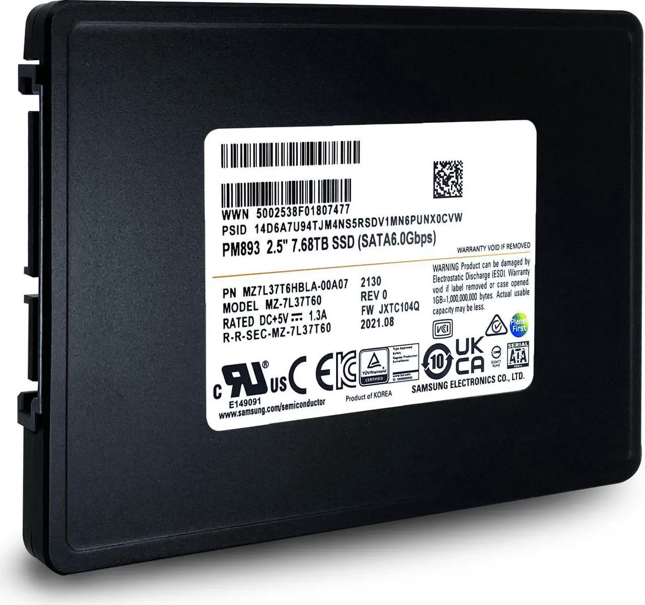 Main image of Samsung PM893 7.68TB SATA 6Gb/s 2.5" Enterprise SSD  MZ7L37T6HBLA-00A07 (MZ-7L37T60)