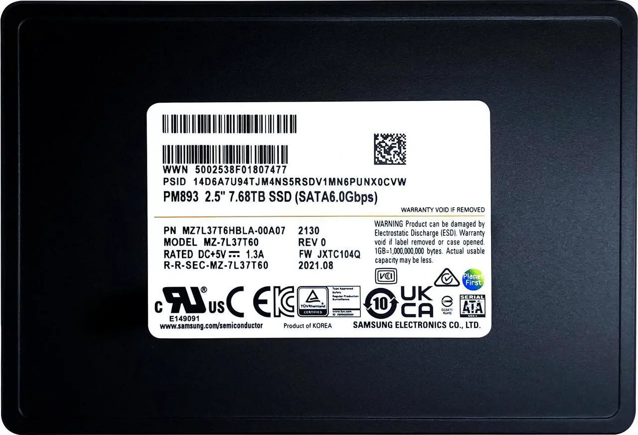 Alt view image 3 of 5 - Samsung PM893 7.68TB SATA 6Gb/s 2.5" Enterprise SSD  MZ7L37T6HBLA-00A07 (MZ-7L37T60)