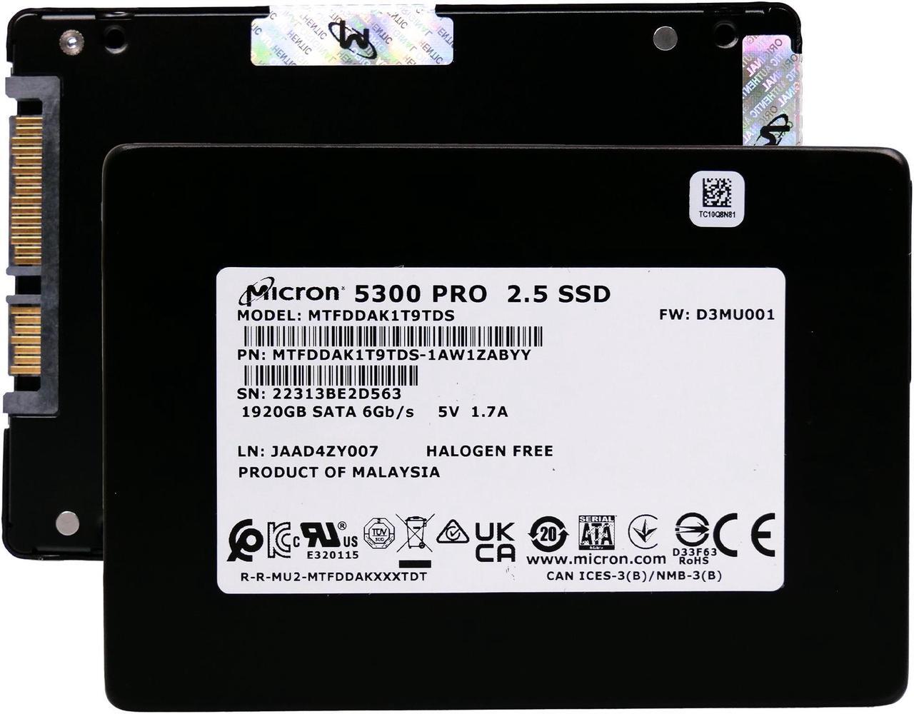 Alt view image 2 of 8 - Micron MTFDDAK1T9TDS-1AW1ZABYY Hard Drive SSD 1.92TB 2.5in, SATA, 6Gb/S, 3D TLC NAND, 1.5DWPD - 5300 PRO Series