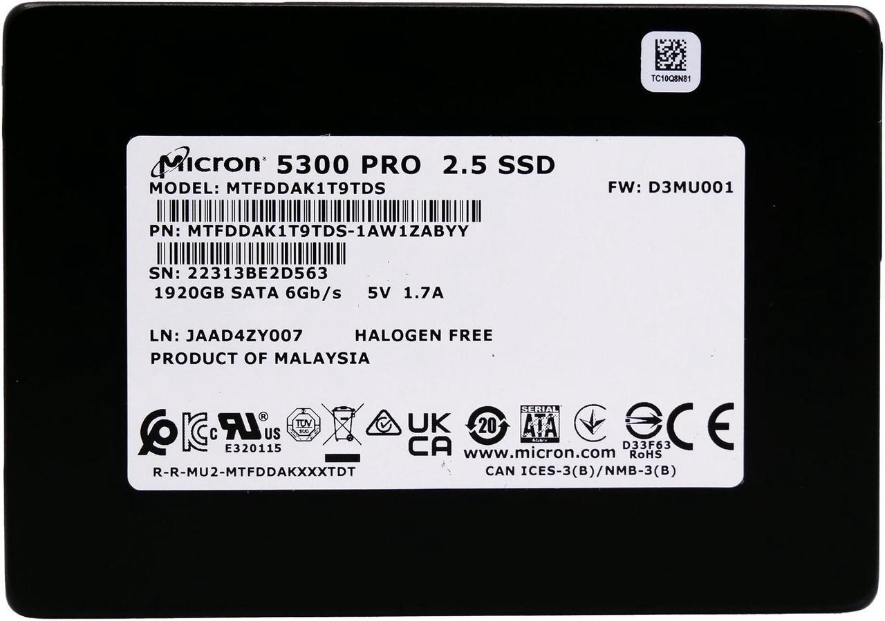 Alt view image 7 of 8 - Micron MTFDDAK1T9TDS-1AW1ZABYY Hard Drive SSD 1.92TB 2.5in, SATA, 6Gb/S, 3D TLC NAND, 1.5DWPD - 5300 PRO Series
