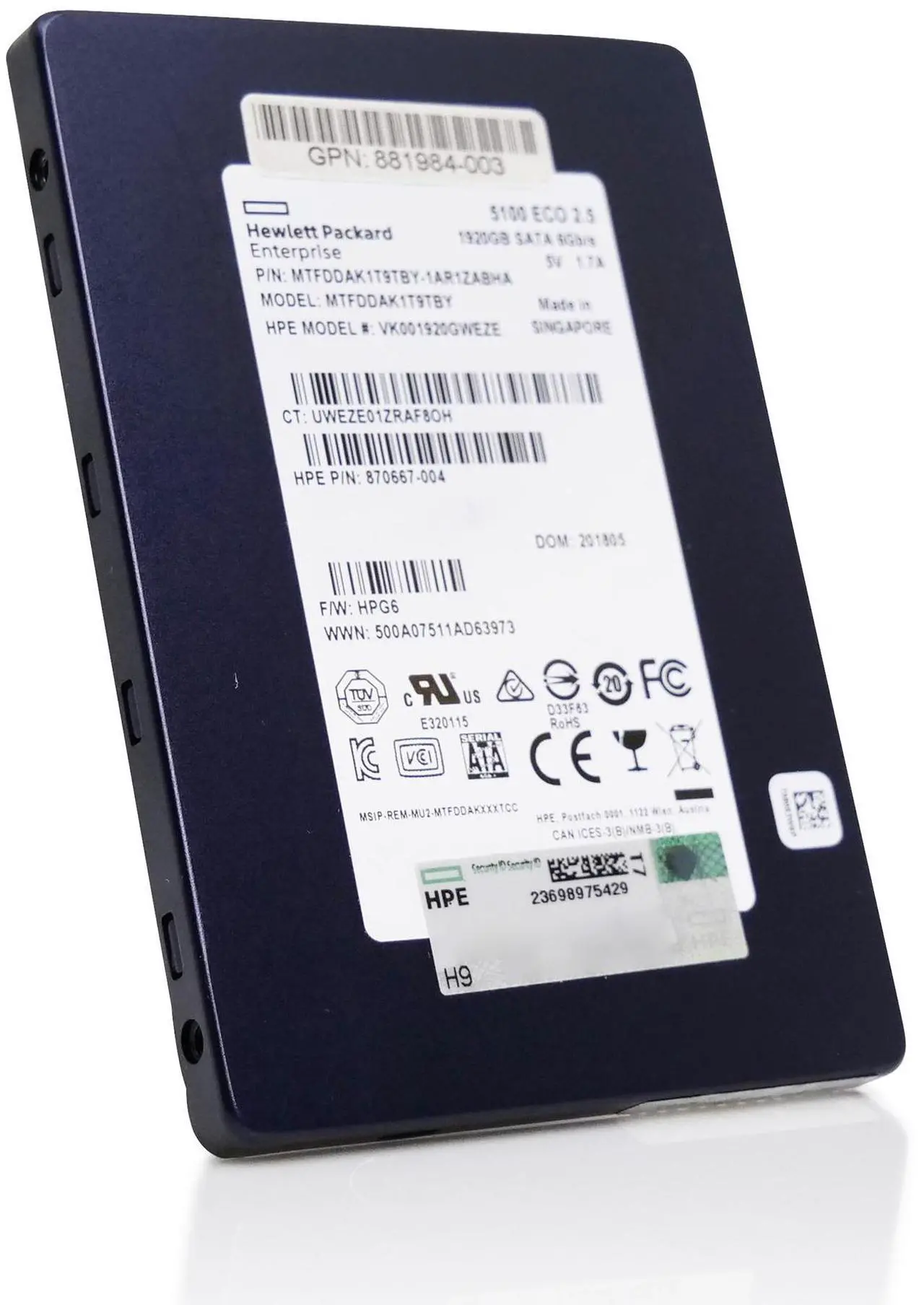 Alt view image 4 of 9 - HPE VK001920GWEZE Read Intensive 1.92 TB Hot-swap SSD - 2.5" - SATA 6Gb/s - HPE Smart Carrier