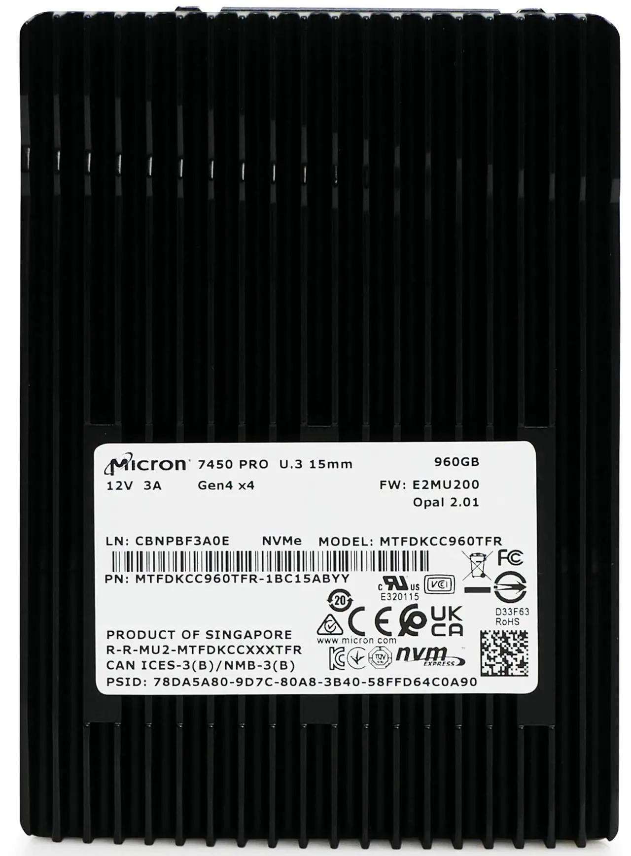 Alt view image 5 of 8 - Micron MTFDKCC960TFR-1BC1ZABYY Hard Drive 960GB SSD NVMe PCIe Gen4 U.3 15mm Non-SED - 7450 PRO Series