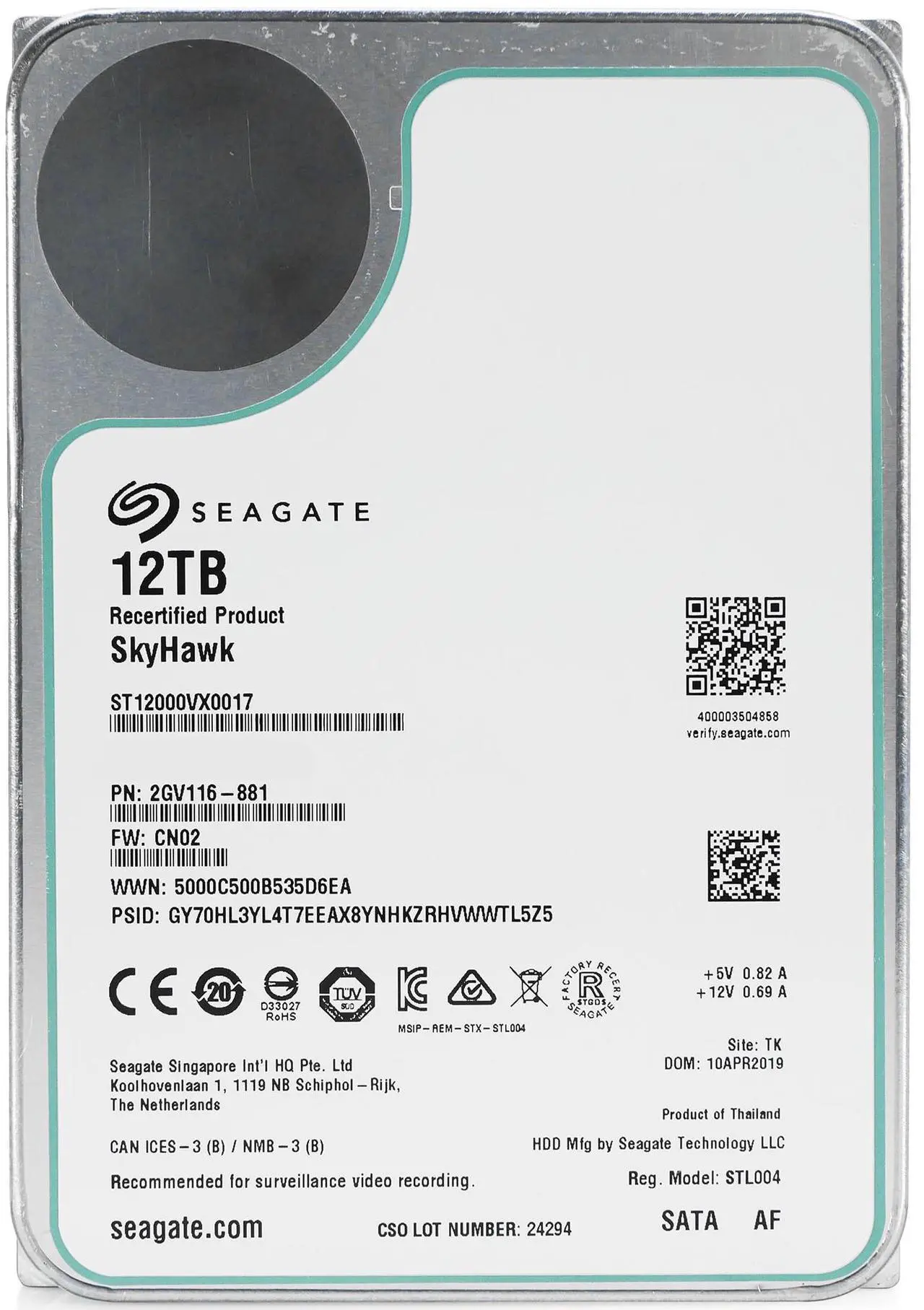 Alt view image 2 of 7 - Seagate SkyHawk 12TB 7.2K RPM SATA 6Gb/s 3.5in Surveillance HDD - ST12000VX0017