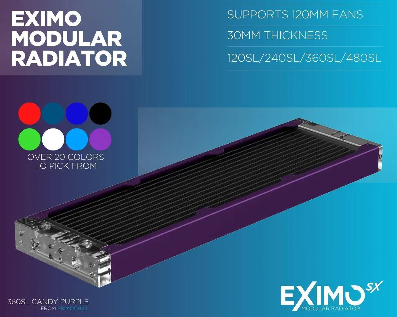 Alt view image 7 of 7 - PrimoChill 360SL (30mm) EXIMO Modular Radiator, White POM, 3x120mm, Triple Fan (R-SL-W36) Available in 20+ Colors, Assembled in USA and Custom Watercooling Loop Ready