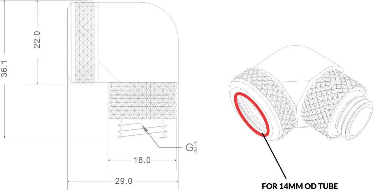 Alt view image 3 of 3 - Bykski G 1/4in. Rigid 90 Degree Rotary Fitting Adapter For 14mm OD PMMA/PETG/METAL Tubing (CC-L14RD90-X-BK)