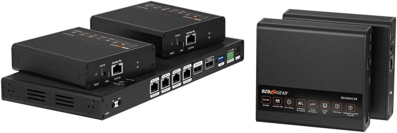 Alt view image 2 of 7 - BZBGEAR 1x4 4K UHD HDMI Splitter/Distribution Amplifier Kit with 4 Receivers and IR/RS-232/Audio De-embedding up to 230ft over Category Cable