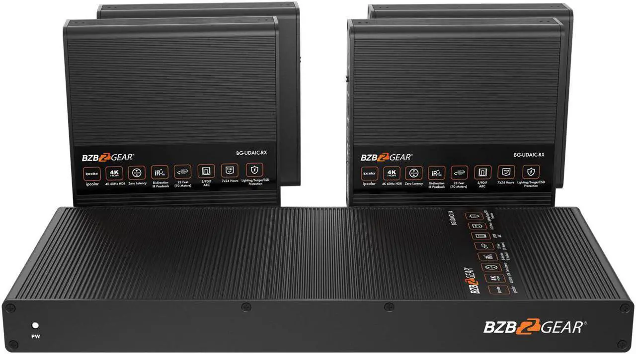 Main image of BZBGEAR 1x4 4K UHD HDMI Splitter/Distribution Amplifier Kit with 4 Receivers and IR/RS-232/Audio De-embedding up to 230ft over Category Cable